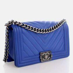 Pre Owned Chanel Chevron Medium Blue Calfskin Boy Flap Bag
