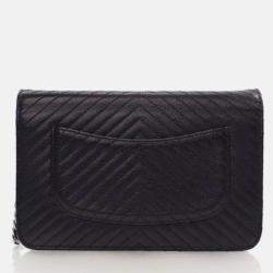 Pre Owned Chanel Black Caviar Chevron Wallet On Chain 