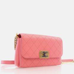 Pre Owned Chanel Straight Lines Flap Pink Calfskin Shoulder Bag