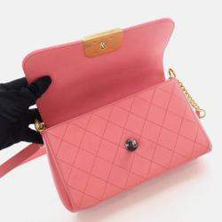 Pre Owned Chanel Straight Lines Flap Pink Calfskin Shoulder Bag