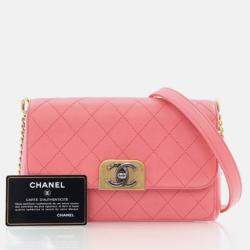 Pre Owned Chanel Straight Lines Flap Pink Calfskin Shoulder Bag
