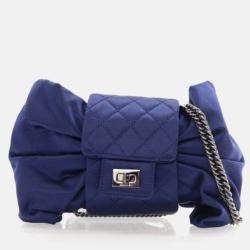 Pre Owned Chanel Evening Bow Vintage Navy Blue Satin Clutch Bag