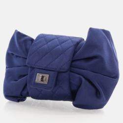 Pre Owned Chanel Evening Bow Vintage Navy Blue Satin Clutch Bag