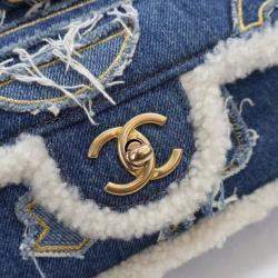 Pre Owned Chanel Egyptian Hieroglyph Classic Flap Medium Blue Denim Shoulder Bag