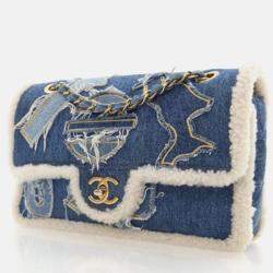 Pre Owned Chanel Egyptian Hieroglyph Classic Flap Medium Blue Denim Shoulder Bag
