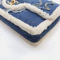 Pre Owned Chanel Egyptian Hieroglyph Classic Flap Medium Blue Denim Shoulder Bag