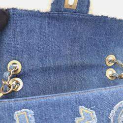 Pre Owned Chanel Egyptian Hieroglyph Classic Flap Medium Blue Denim Shoulder Bag