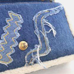 Pre Owned Chanel Egyptian Hieroglyph Classic Flap Medium Blue Denim Shoulder Bag