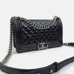 Pre Owned Chanel Boy Medium Black Patent Leather Shoulder Bag