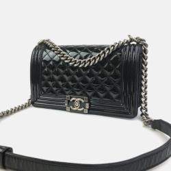 Pre Owned Chanel Boy Medium Black Patent Leather Shoulder Bag