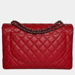 Pre Owned Chanel Red Caviar Maxi Classic Flap Bag in SHW