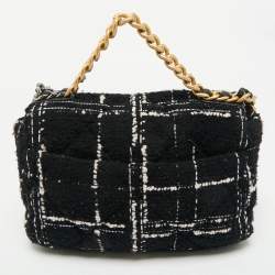 Pre Owned Chanel Black/White Quilted Tweed Medium 19 Flap Bag