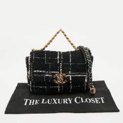 Pre Owned Chanel Black/White Quilted Tweed Medium 19 Flap Bag