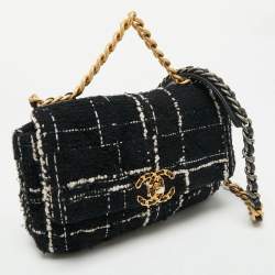 Pre Owned Chanel Black/White Quilted Tweed Medium 19 Flap Bag