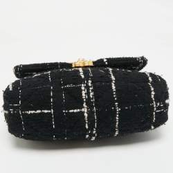 Pre Owned Chanel Black/White Quilted Tweed Medium 19 Flap Bag