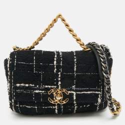 Pre Owned Chanel Black/White Quilted Tweed Medium 19 Flap Bag