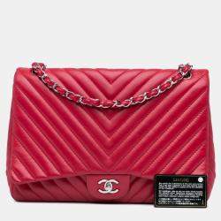 Pre Owned Chanel Pink Maxi Classic Chevron Lambskin Single Flap