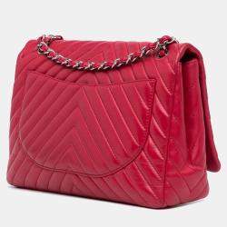 Pre Owned Chanel Pink Maxi Classic Chevron Lambskin Single Flap