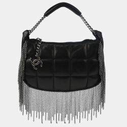 Pre Owned Chanel Choco Bar Fringe Black Lambskin Shoulder Bag