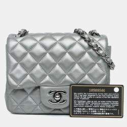 Pre Owned Chanel Silver Mini Square Classic Calfskin Single Flap