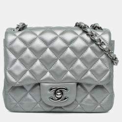 Pre Owned Chanel Silver Mini Square Classic Calfskin Single Flap