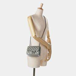 Pre Owned Chanel Silver Mini Square Classic Calfskin Single Flap
