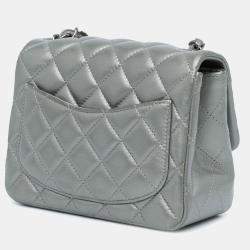 Pre Owned Chanel Silver Mini Square Classic Calfskin Single Flap