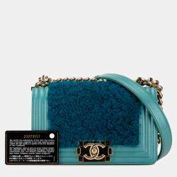 Pre Owned Chanel Blue Small Shearling Boy Flap