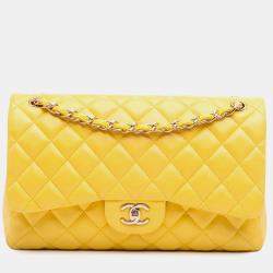 Pre Owned Chanel Yellow Jumbo Classic Lambskin Double Flap