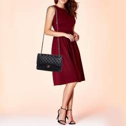 Pre Owned Chanel Black Quilted Caviar Leather Jumbo Classic Double Flap Bag