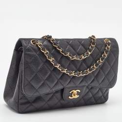 Pre Owned Chanel Black Quilted Caviar Leather Jumbo Classic Double Flap Bag