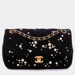 Pre Owned Chanel Black Small Tweed Pearl Cosmos Flap Bag