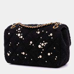 Pre Owned Chanel Black Small Tweed Pearl Cosmos Flap Bag