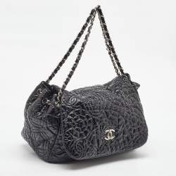 Pre Owned Chanel Black Quilted Patent Vinyl Graphic Edge Classic Flap Bag