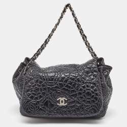 Pre Owned Chanel Black Quilted Patent Vinyl Graphic Edge Classic Flap Bag