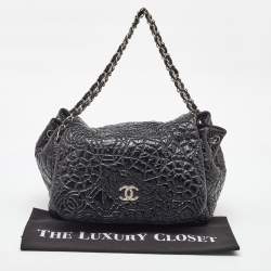 Pre Owned Chanel Black Quilted Patent Vinyl Graphic Edge Classic Flap Bag