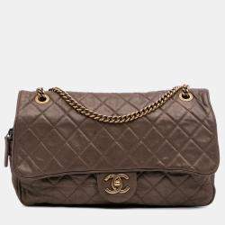 Pre Owned Chanel Brown Large Quilted Iridescent Calfskin Shiva Flap