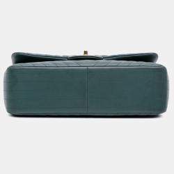 Pre Owned Chanel Green Jumbo Classic Chevron Lambskin Double Flap