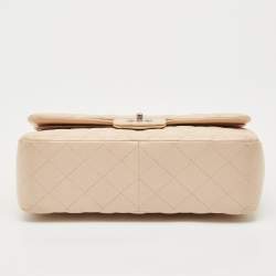 Pre Owned Chanel Light Beige Quilted Caviar Leather Jumbo Classic Double Flap Bag