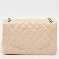 Pre Owned Chanel Light Beige Quilted Caviar Leather Jumbo Classic Double Flap Bag