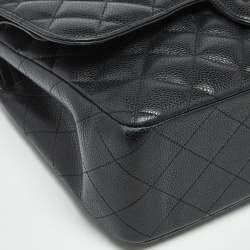 Pre Owned Chanel Black Quilted Caviar Leather Jumbo Classic Double Flap Bag