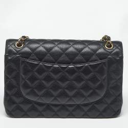 Pre Owned Chanel Black Quilted Caviar Leather Jumbo Classic Double Flap Bag