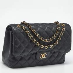 Pre Owned Chanel Black Quilted Caviar Leather Jumbo Classic Double Flap Bag