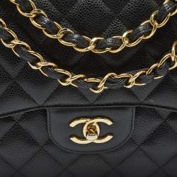 Pre Owned Chanel Black Quilted Caviar Leather Jumbo Classic Double Flap Bag