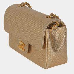 Pre Owned Chanel Gold Metallic Lambskin Perforated Mini Rectangular Flap Bag