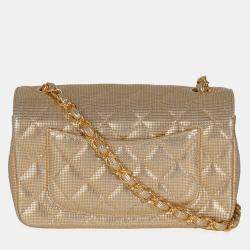 Pre Owned Chanel Gold Metallic Lambskin Perforated Mini Rectangular Flap Bag