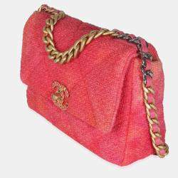 Pre Owned Chanel Coral Pink Tweed Quilted Medium Chanel 19 Flap Bag