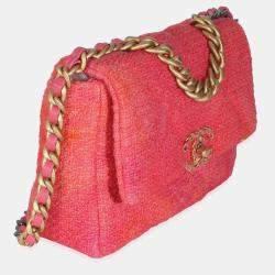 Pre Owned Chanel Coral Pink Tweed Quilted Medium Chanel 19 Flap Bag