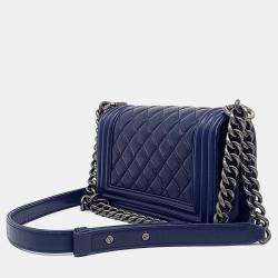 Pre Owned Chanel Navy Blue Leather Small Boy Bag