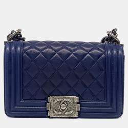 Pre Owned Chanel Navy Blue Leather Small Boy Bag